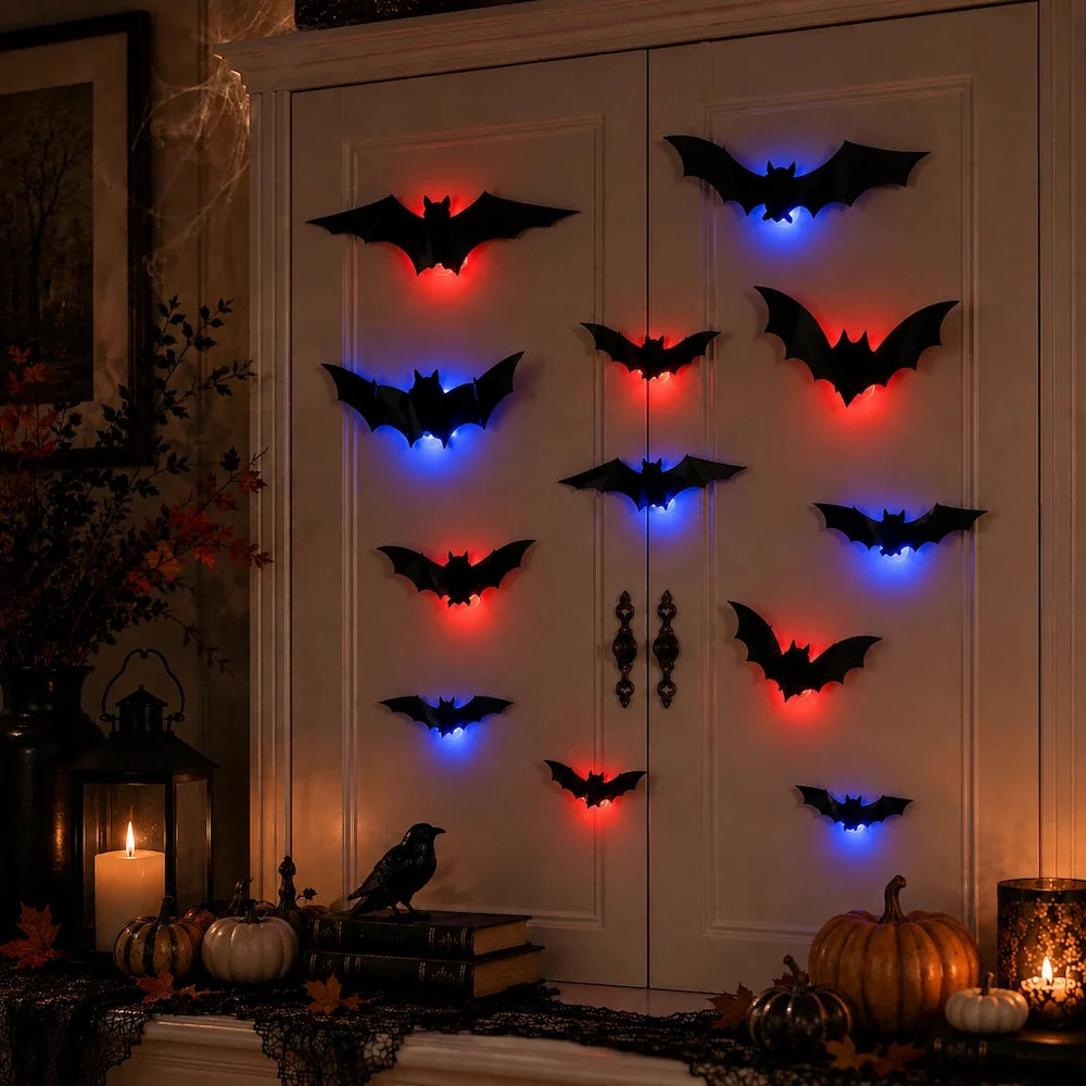 3D Bat Wall Decorations – Halloween Bat Swarm, LED or Classic Black