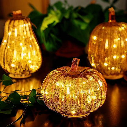 Hand-Blown Glass Pumpkin Lamp – Mercury Glass Autumn Table Light