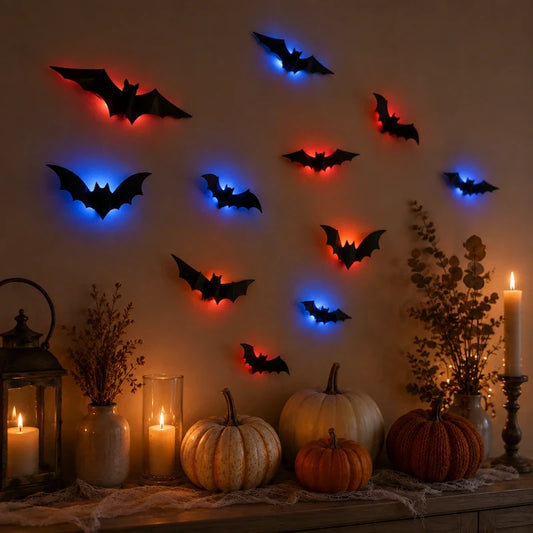 3D Bat Wall Decorations – Halloween Bat Swarm, LED or Classic Black