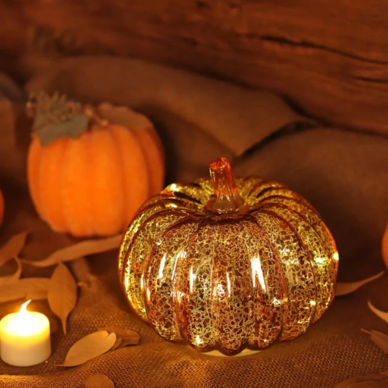Hand-Blown Glass Pumpkin Lamp – Mercury Glass Autumn Table Light