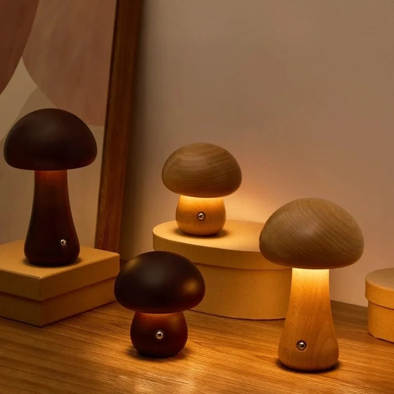 Wooden Mushroom Table Lamp – Handcrafted Bedside Night Light