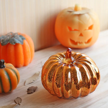 Hand-Blown Glass Pumpkin Lamp – Mercury Glass Autumn Table Light