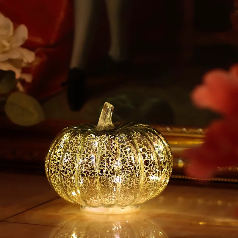 Hand-Blown Glass Pumpkin Lamp – Mercury Glass Autumn Table Light
