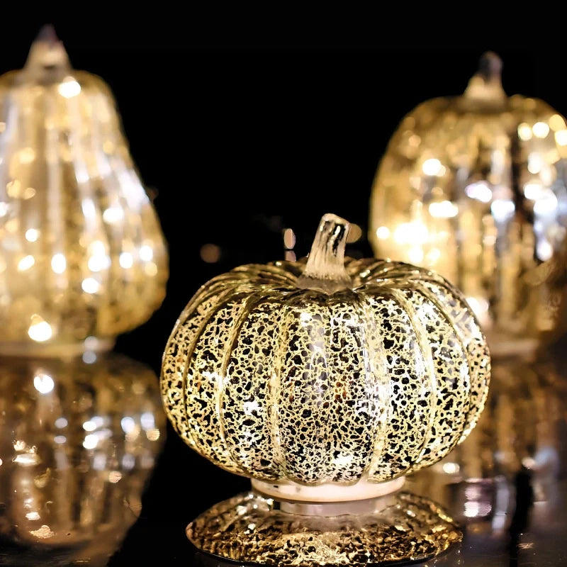 Hand-Blown Glass Pumpkin Lamp – Mercury Glass Autumn Table Light