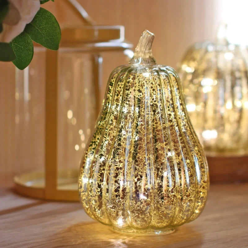 Hand-Blown Glass Pumpkin Lamp – Mercury Glass Autumn Table Light