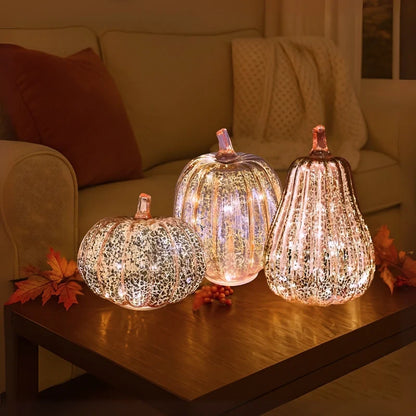 Hand-Blown Glass Pumpkin Lamp – Mercury Glass Autumn Table Light