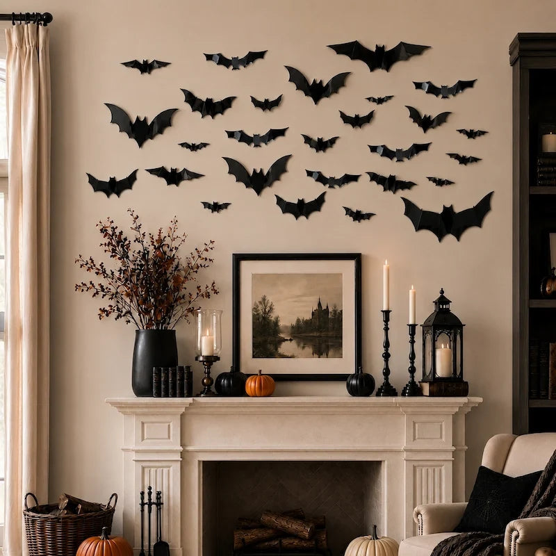 3D Bat Wall Decorations – Halloween Bat Swarm, LED or Classic Black
