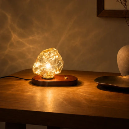 Amber Glass Table Lamp – Vintage Oak Base Bedside Lamp