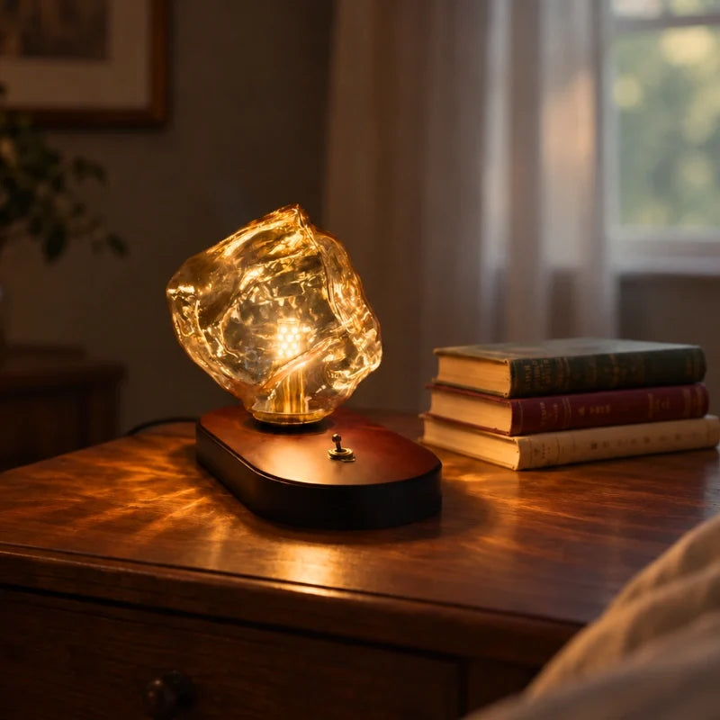 Amber Glass Table Lamp – Vintage Oak Base Bedside Lamp