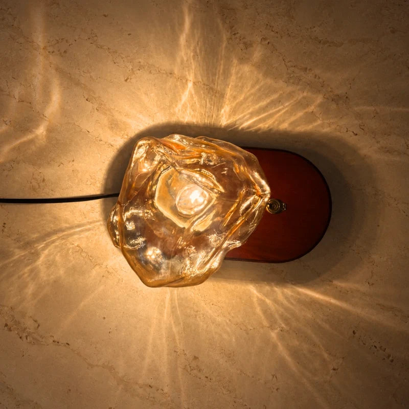 Amber Glass Table Lamp – Vintage Oak Base Bedside Lamp