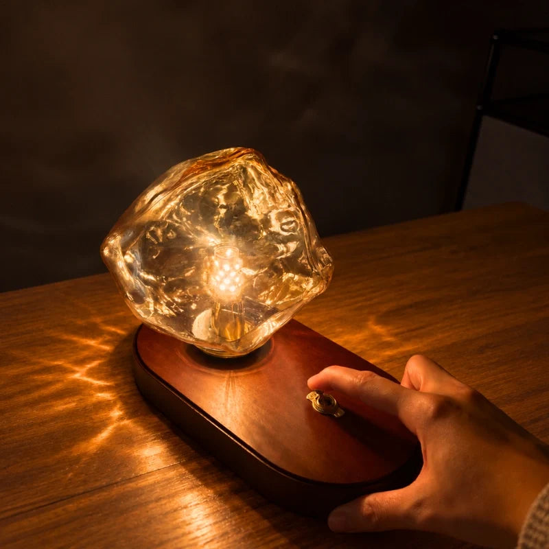 Amber Glass Table Lamp – Vintage Oak Base Bedside Lamp