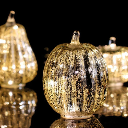 Hand-Blown Glass Pumpkin Lamp – Mercury Glass Autumn Table Light