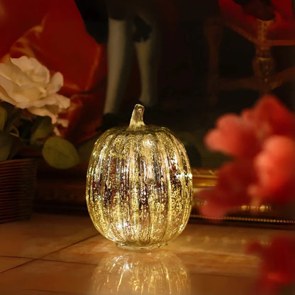 Hand-Blown Glass Pumpkin Lamp – Mercury Glass Autumn Table Light