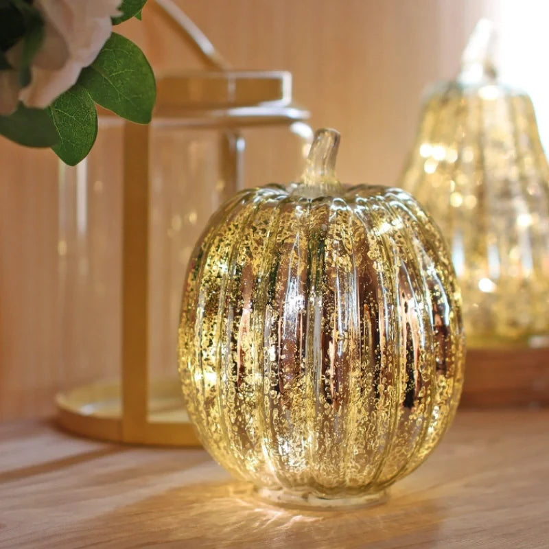 Hand-Blown Glass Pumpkin Lamp – Mercury Glass Autumn Table Light