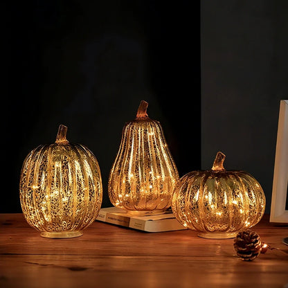 Hand-Blown Glass Pumpkin Lamp – Mercury Glass Autumn Table Light