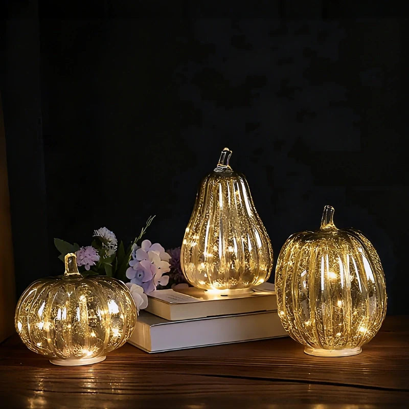 Hand-Blown Glass Pumpkin Lamp – Mercury Glass Autumn Table Light