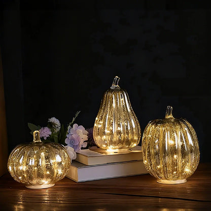 Hand-Blown Glass Pumpkin Lamp – Mercury Glass Autumn Table Light