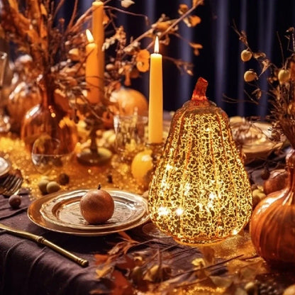 Hand-Blown Glass Pumpkin Lamp – Mercury Glass Autumn Table Light