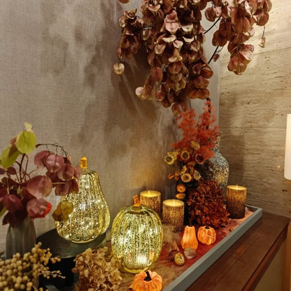 Hand-Blown Glass Pumpkin Lamp – Mercury Glass Autumn Table Light