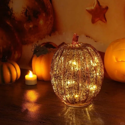Hand-Blown Glass Pumpkin Lamp – Mercury Glass Autumn Table Light