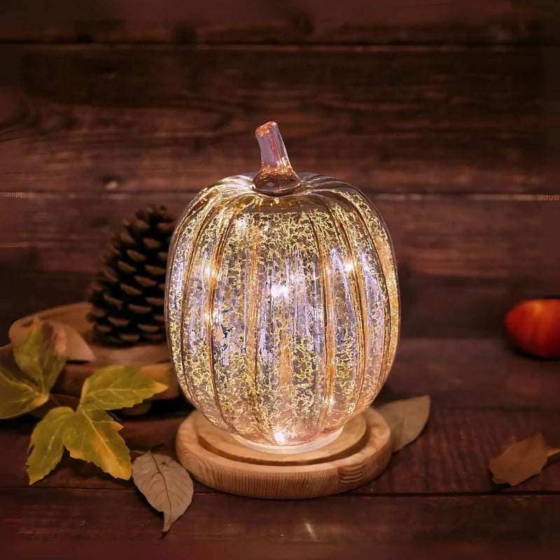 Hand-Blown Glass Pumpkin Lamp – Mercury Glass Autumn Table Light