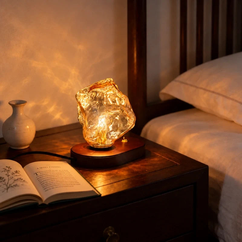 Amber Glass Table Lamp – Vintage Oak Base Bedside Lamp