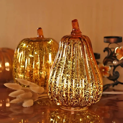 Hand-Blown Glass Pumpkin Lamp – Mercury Glass Autumn Table Light