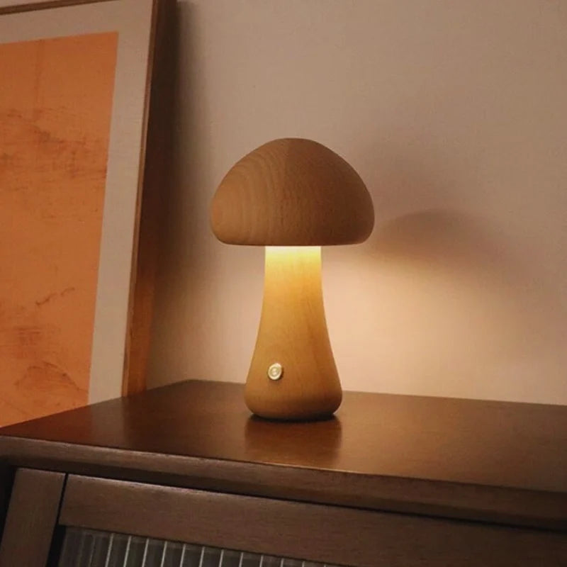 Wooden Mushroom Table Lamp – Handcrafted Bedside Night Light
