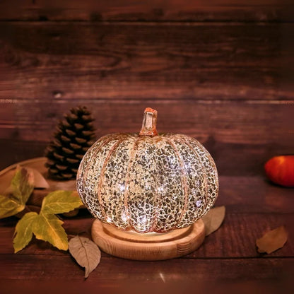 Hand-Blown Glass Pumpkin Lamp – Mercury Glass Autumn Table Light