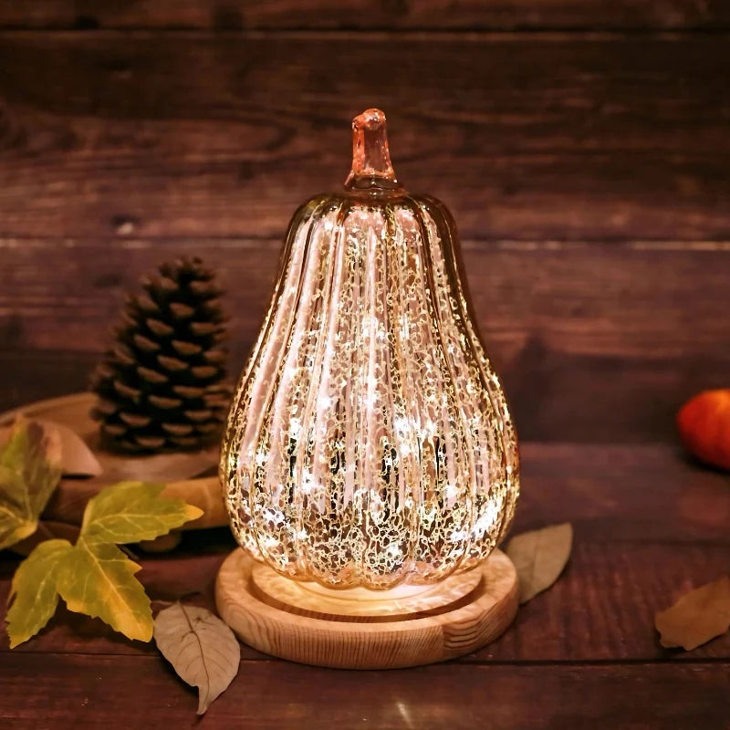 Hand-Blown Glass Pumpkin Lamp – Mercury Glass Autumn Table Light