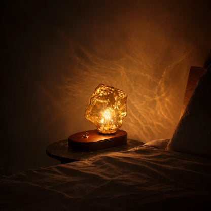 Amber Glass Table Lamp – Vintage Oak Base Bedside Lamp