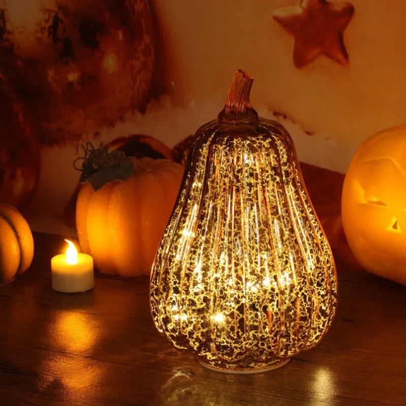 Hand-Blown Glass Pumpkin Lamp – Mercury Glass Autumn Table Light