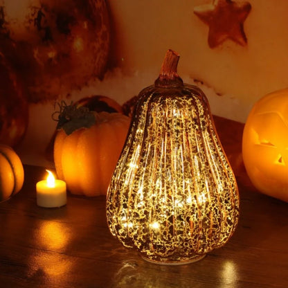 Hand-Blown Glass Pumpkin Lamp – Mercury Glass Autumn Table Light