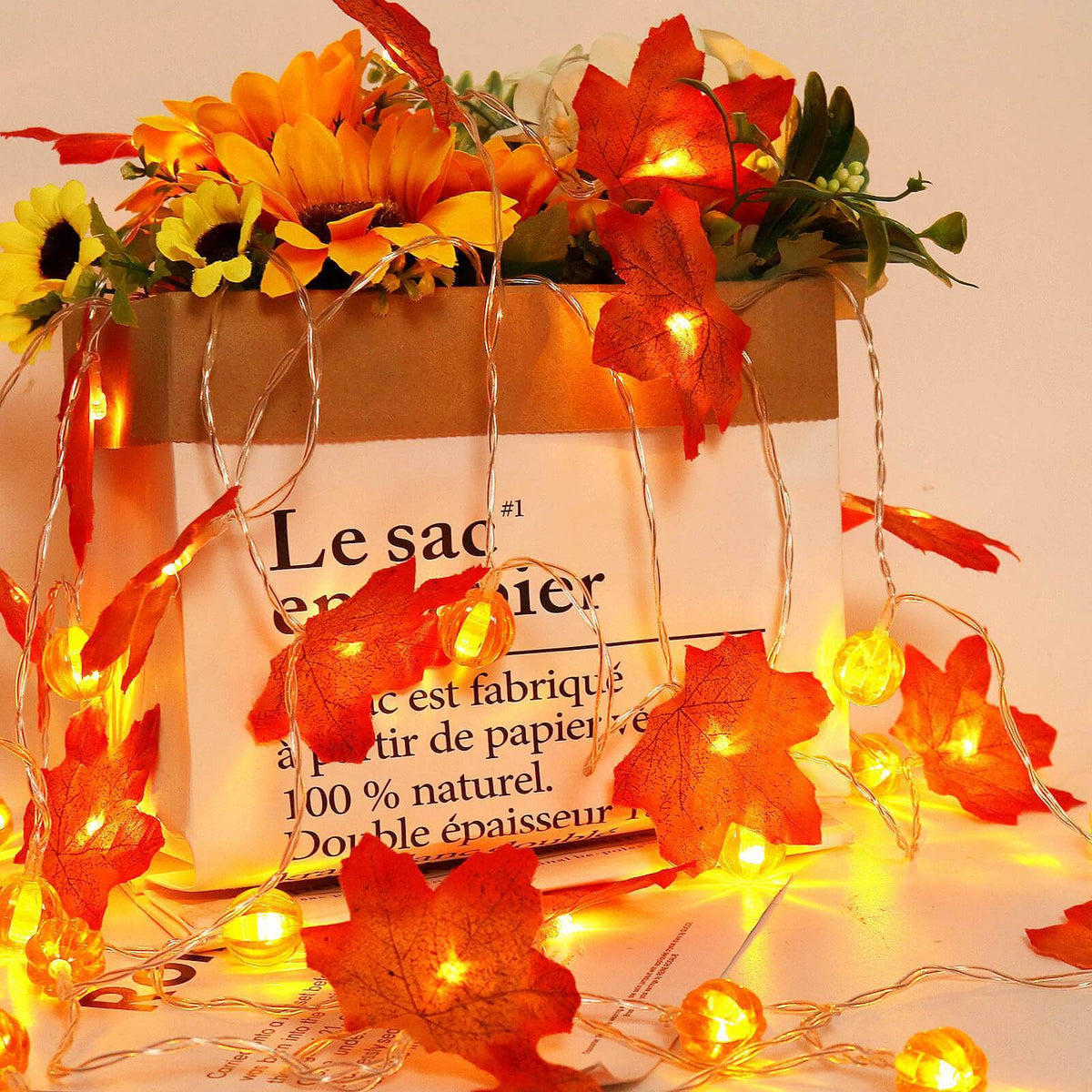 Pumpkin and Maple Leaf LED String Lights - Battery Operated Halloween and Fall Decoration Fairy Lights