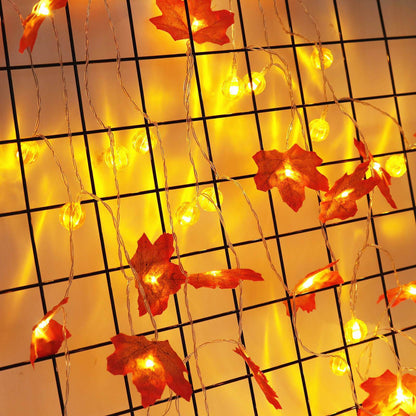 Pumpkin and Maple Leaf LED String Lights - Battery Operated Halloween and Fall Decoration Fairy Lights