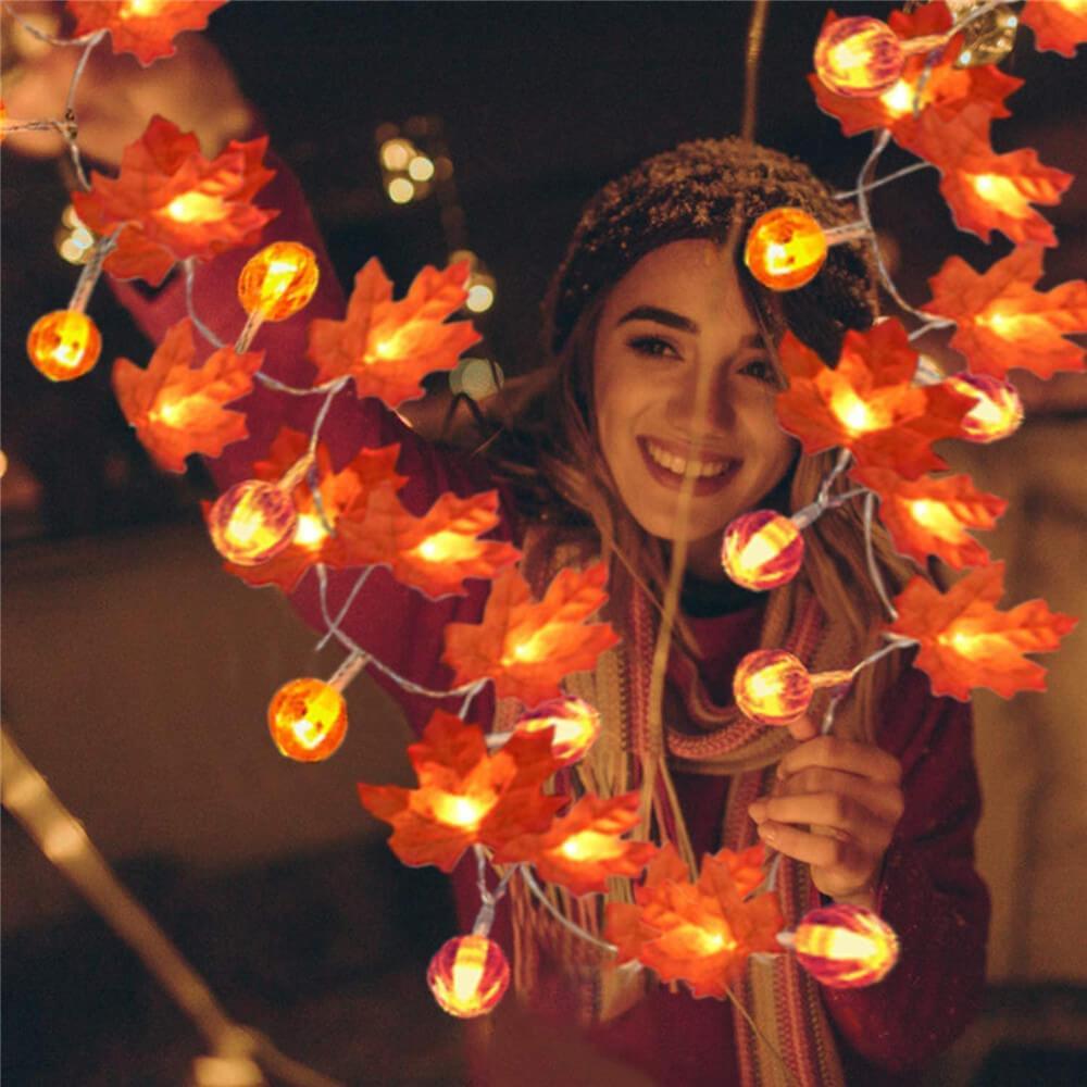 Pumpkin and Maple Leaf LED String Lights - Battery Operated Halloween and Fall Decoration Fairy Lights
