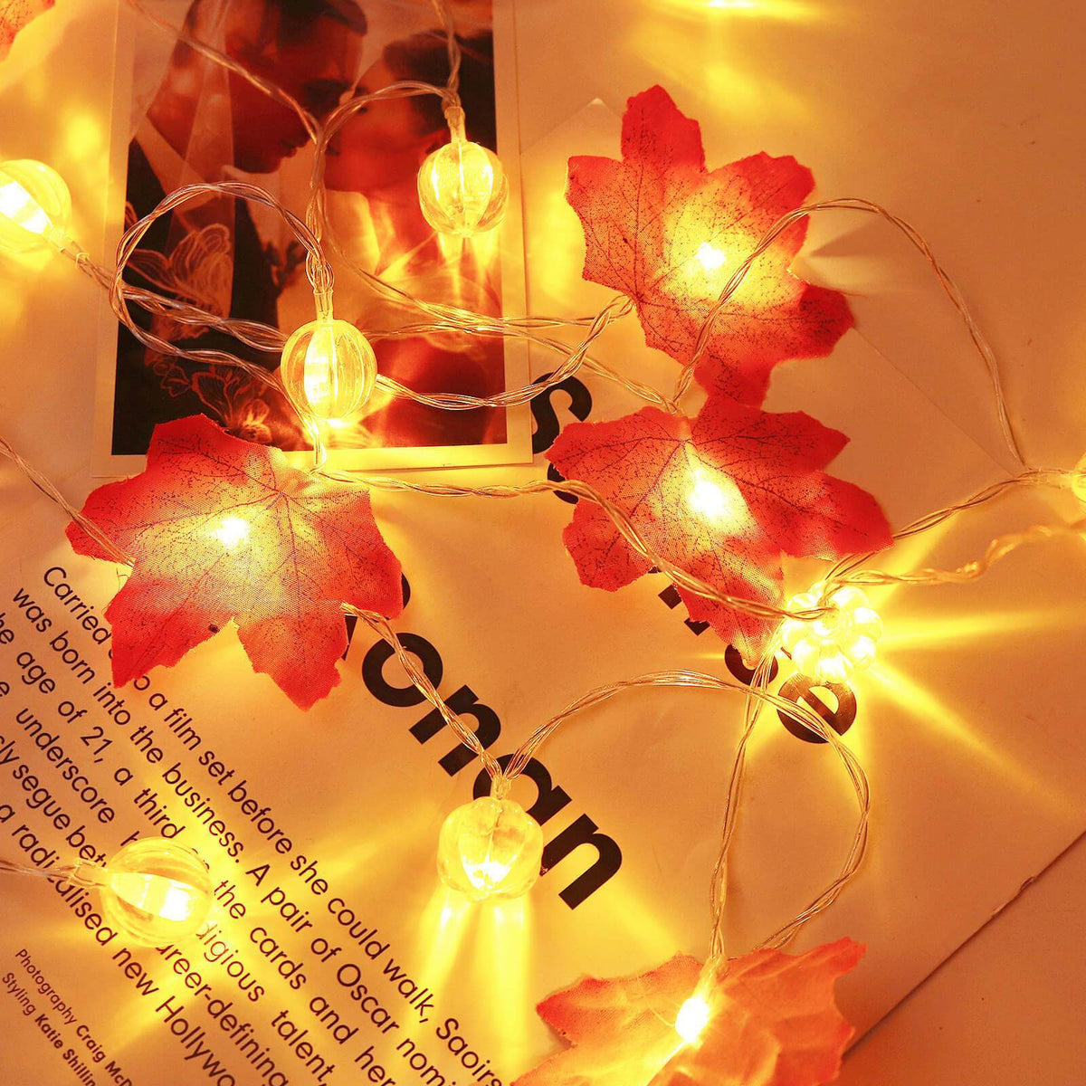 Pumpkin and Maple Leaf LED String Lights - Battery Operated Halloween and Fall Decoration Fairy Lights
