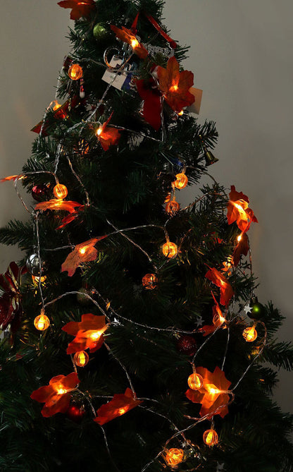 Pumpkin and Maple Leaf LED String Lights - Battery Operated Halloween and Fall Decoration Fairy Lights