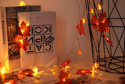 Pumpkin and Maple Leaf LED String Lights - Battery Operated Halloween and Fall Decoration Fairy Lights