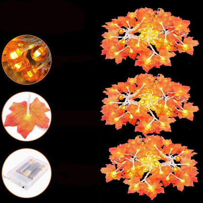 Pumpkin and Maple Leaf LED String Lights - Battery Operated Halloween and Fall Decoration Fairy Lights
