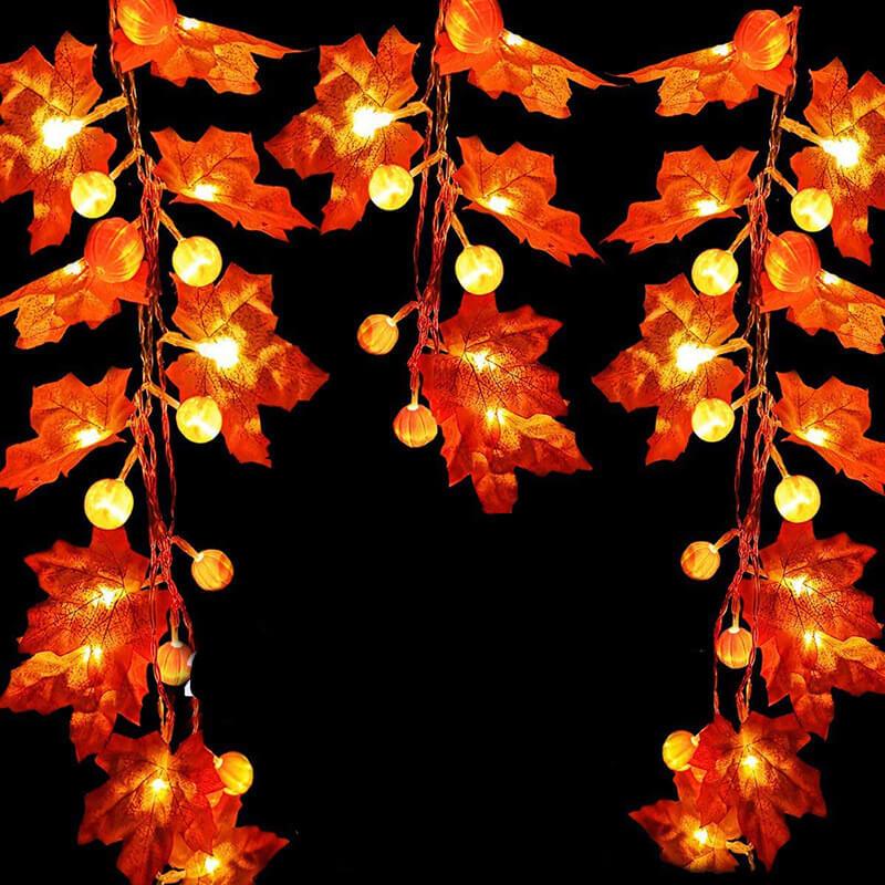 Pumpkin and Maple Leaf LED String Lights - Battery Operated Halloween and Fall Decoration Fairy Lights