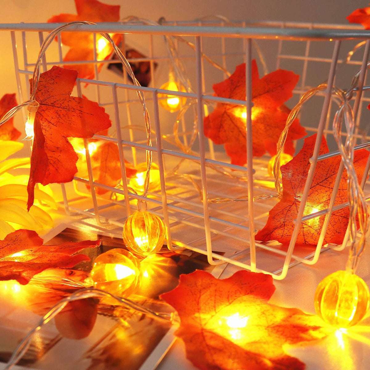 Pumpkin and Maple Leaf LED String Lights - Battery Operated Halloween and Fall Decoration Fairy Lights