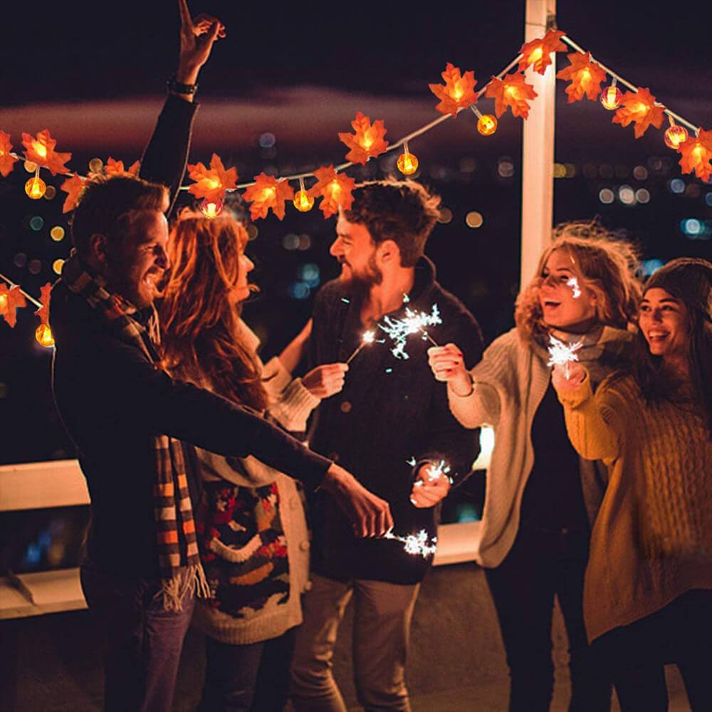 Pumpkin and Maple Leaf LED String Lights - Battery Operated Halloween and Fall Decoration Fairy Lights