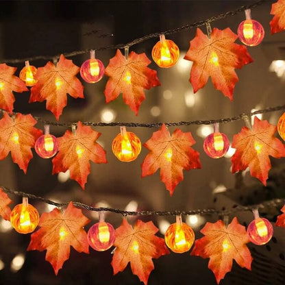 Pumpkin and Maple Leaf LED String Lights - Battery Operated Halloween and Fall Decoration Fairy Lights