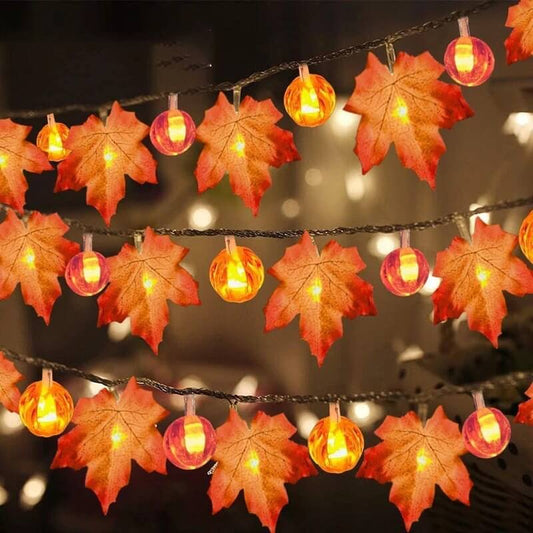 Pumpkin and Maple Leaf LED String Lights - Battery Operated Halloween and Fall Decoration Fairy Lights