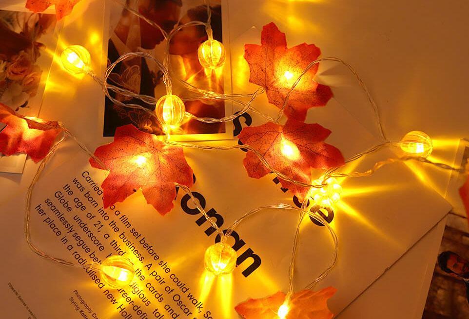 Pumpkin and Maple Leaf LED String Lights - Battery Operated Halloween and Fall Decoration Fairy Lights